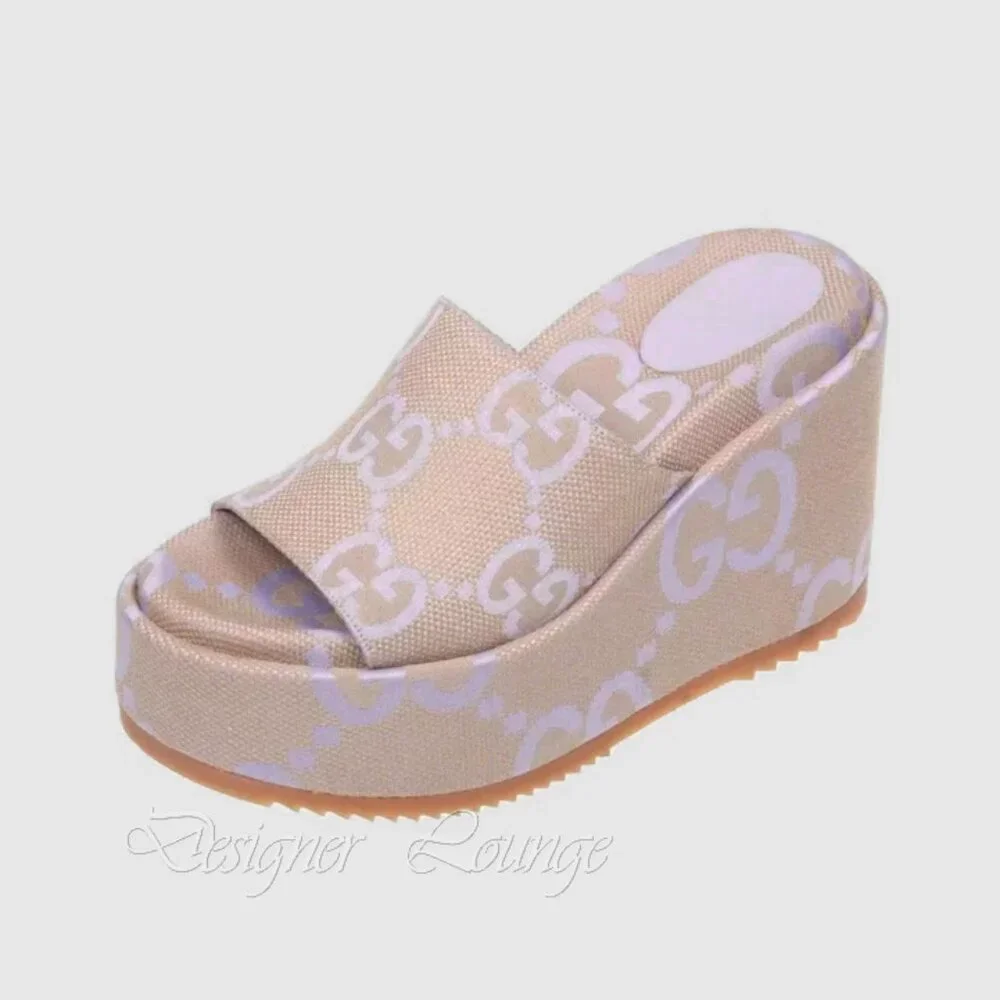 NEW GUCCI Macro GG Beige Monogram Canvas Platform Wedges Size EU 40 US 10